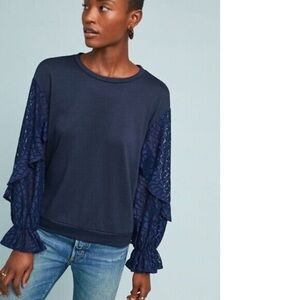 Ro& De Tariro Navy Pullover Top with Lace Sleeves Size L